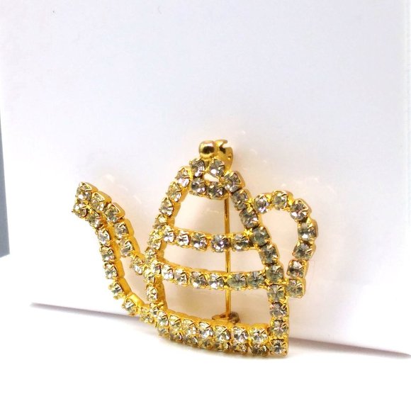 Vintage Crystal Outline Brooch, Gold Tone and Clear Teapot Lapel Pin, Whimsical - Picture 3 of 4